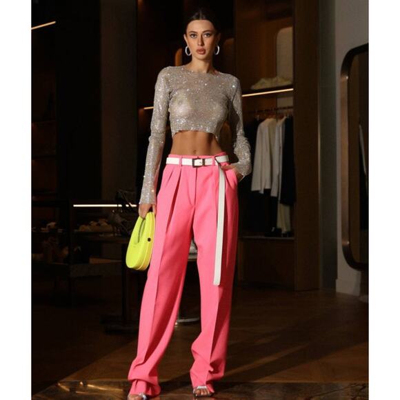 Sportmax Tibet High-Rise Wide-Leg Hot Neon Barbie Bubblegum Pink Trouser Pants 2 - Picture 8 of 8